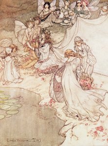 おとぎ話、花で子供を覆う妖精の女王のイラスト